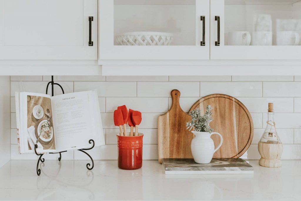 a red and white aesthetic kitchen
